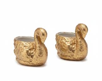 Set of 3, 22K Hand Painted Weeping Gold Swan Ceramic Planters