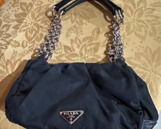 Prada Tessuto black nylon bag with chain link shoulder straps