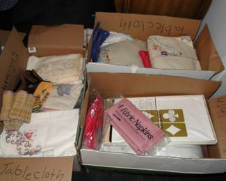 Lots of vintage linens, tablecloths