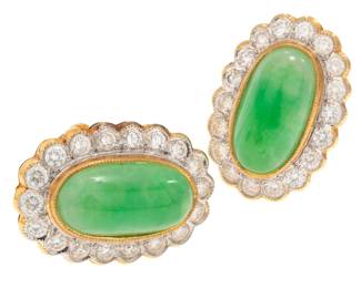 Pair of Jade, Diamond, 20k Earrings