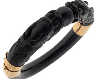 Carved Nephrite Jade, 14k Yellow Gold Bangle Bracelet