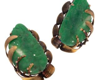 Pair of Jadeite Jade, 14k Yellow Gold Ear Clips