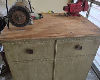 Custom made workbench on castors with bench grinder and vice
