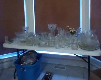 Crystal vases, jars, decanters and plates. Tub of various silver plated items.