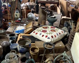 pottery pieces, handmade, old glassware, art pieces