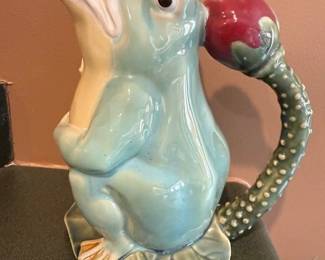 Majolica style Frog and water lily pitcher. HiBid link: https://modestlambestatesales.hibid.com/