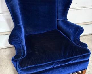Sapphire royal blue wingback armchair. HiBid link: https://modestlambestatesales.hibid.com/