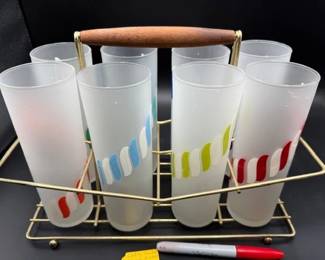 MCM Libey candy stripe frosted cocktail glasses w/ caddy. HiBid link: https://modestlambestatesales.hibid.com/