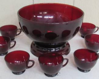 Ruby Red Glass Punchbowl Set