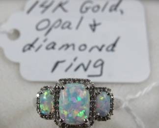 14K Gold, Opal & Diamond Ring