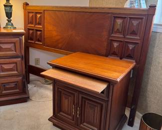 Ricardo Lynn & Co MCM Teak 2 Door / 1 Slatted Pull Out Surface End Table (24"W x 18"D x 25"H) with Ricardo Lynne Teak Queen Headboard (62"W x 45"H)