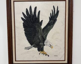 Framed Original Etched Board of Bald Eagle Signed Dr. Mueller