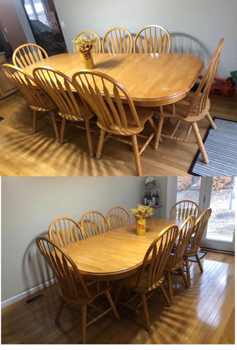 Great Oak Farmhouse Table is pictured with the 2 leaves in it. These are “Hidden Leaves-Underneath” when not used) Includes the 8 Chairs. 70 inches Long withOUT the 2 X 12 inch Leaves x 40.5 inches Wide x 29 inches Tall $425.