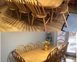 * PRE-SALE Great Oak Farmhouse Table is pictured with the 2 leaves in it. These are “Hidden Leaves-Underneath” when not used) Includes the 8 Chairs. 70 inches Long withOUT the 2 X 12 inch Leaves x 40.5 inches Wide x 29 inches Tall $425.