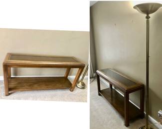*PRE-SALE Wood, Glass & Cane Sofa Table is 52 inches Wide x 15 inches Deep x 26 inches Tall $65.

*PRE-SALE Gold Tone Floor Lamp $45