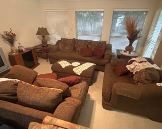 Living room furniture, crocheted doilies, decor