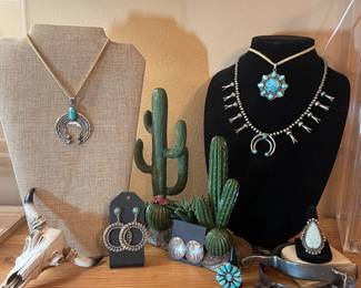 STERLING & TURQUOISE JEWELRY- NAJA PENDANT WITH TURQUOISE, TURQUOISE EARRINGS, TURQUOISE CLUSTER RING, TURQUOISE CLUSTER PENDANT, BABY SQUASH BLOSSOM NECKLACE, VINTAGE SPURS
