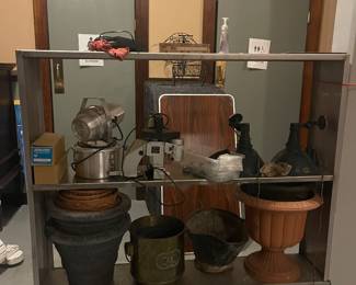 STAINLESS ROLLING CART, PLANTERS, VINTAGE LIGHT FIXTURES