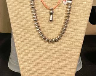 PINK CONCH NECKLACE WITH SQUASH BLOSSOM PENDANT, HEAVY NAVAJO PEARL NECKLACE, PINK CONCH RING, SPINY OYSTER RING