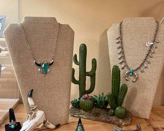 STERLING SILVER & TURQUOISE JEWELRY-TURQUOISE STEER NECKLACE, FEATHER SQUASH BLOSSOM NECKLACE, TURQUOISE CUFF