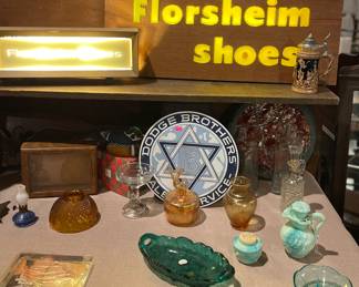 DODGE BROTHERS ENAMELWARE SIGN, FLORSHEIM SHOES LIGHT UP SIGNS FROM SPANIHEL & SONS