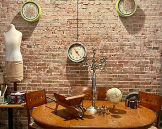 SOLID WOOD PEDESTAL TABLE, SET OF 4 CHAIRS WITH UPHOLSTERED SEATS, TALL SILVERPLATE CANDLEABRA, VINTAGE WOOD WAGON, VINTAGE TOLEDO HANGING SPRING SCALES