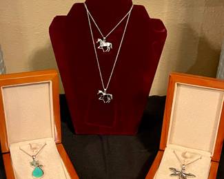 STERLING & TURQUOISE JEWELRY-INLAID OPAL HORSE PENDANTS, TURQUOISE CAT NECKLACE, OPAL DRAGONFLY NECKLACE