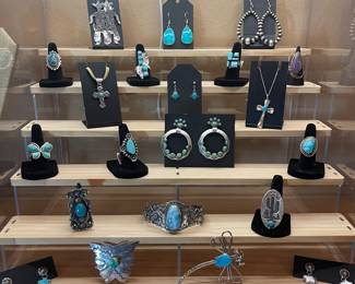 STERLING & TURQUOISE JEWELRY-RINGS, EARRINGS, PENDANTS AND BRACELETS, STERLING AND TURQUOISE CROSSES