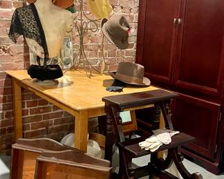 VINTAGE MANNEQUIN BUST, VINTAGE HATS, ARMOIRE, LIBRARY STEPS