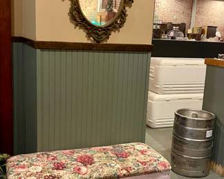 ORNATE MIRROR, UPHOLSTERED BLANKET BOX, KEG