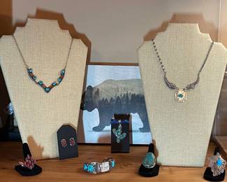 STERLING & TURQUOISE JEWELRY-TURQUOISE & CORAL “V” SHAPE NECKLACE, CORAL EARRINGS AND RING, TURQUOISE WATCH, CACTUS PENDANT, TURQUOISE RINGS, FEATHER WITH SHIELD NECKLACE