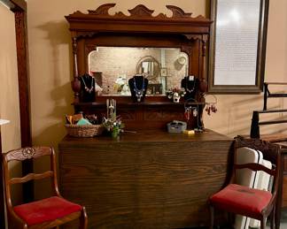 ANTIQUE MIRROR, HANDMADE STORAGE BOX ON WHEELS, VINTAGE CHAIRS