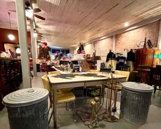 INDUSTRIAL TABLE, VINTAGE YELLOW CHROME DINING CHAIRS, VINTAGE HEAVY GALVANIZED TRASH CANS, BRASS ANDIRONS, BRASS DUCK FIREPLACE TOOLS