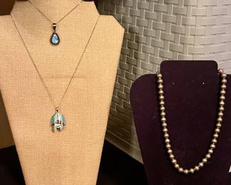 NAVAJO PEARL NECKLACE, STERLING & TURQUOISE PENDANTS