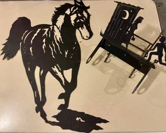 METAL CUTOUT HORSE AND OUTHOUSE TOILET PAPER HOLDER BY MCCLOUD