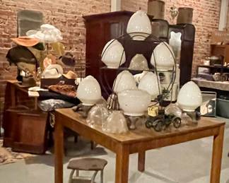 SQUARE TABLE, VINTAGE CHROME SHOE FITTING SALESMAN STOOL