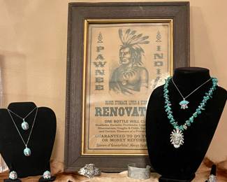 STERLING & TURQUOISE JEWELRY-TURQUOISE INLAID INDIAN HEAD PENDANTS AND RINGS, STERLING INDIAN CUFF, INDIAN HEAD RING, STERLING AND CHUNKY TURQUOISE NUGGET NECKLACE WITH INDIAN CHIEF PENDANT. **PAWNEE INDIAN FRAMED SIGN FOR DISPLAY ONLY**