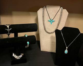 STERLING LONGHORN BRACELET, STERLING BRACELETS, TURQUOISE HUMMINGBIRD PENDANT, HEAVY NAVAJO PEARL NECKLACE, TURQUOISE PENDANT