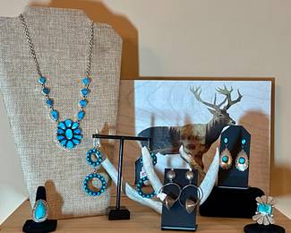 STERLING & TURQUOISE JEWELRY-TURQUOISE CLUSTER NECKLACE, TURQUOISE RINGS, OLD PAWN HANDMADE BEAD LOOP EARRINGS, STERLING & TURQUOISE CONCHO EARRINGS SIGNED