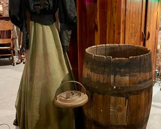ANTIQUE DRESS, VINTAGE SMOKERS STAND, ANTIQUE WINE BARREL, BOOTS