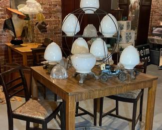 VINTAGE GLASS GLOBES, ANTIQUE CAST IRON FLAG STANDS