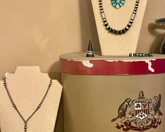 NAVAJO STRUNG PEARL LARIAT NECKLACE, TURQUOISE CLUSTER NECKLACE, HEAVY STERLING SILVER PEARL WITH BARREL BEAD NECKLACE, STERLING STORYTELLER BAND, TURQUOISE CUFF