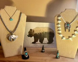 STERLING SILVER & TURQUOISE JEWELRY-CARVED BEAR FETISH, SIGNED BEAR/FEATHER PENDANT WITH TURQUOISE, TURQUOISE SHADOWBOX RING, CARVED TURQUOISE BEAR, NAVAJO PEARL NECKLACE, STERLING BEAR PENDANT