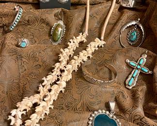 NATIVE AMERICAN SIGNED HALLMARKED STERLING & TURQUOISE JEWELRY-CARVED HORSE FETISH, BRACELETS, PENDANTS, EARRINGS, RINGS