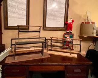 VINTAGE SOLID WOOD DESK, ANTIQUE BUTCHER SHOP PAPER CUTTERS, FRAMED BUILDING HISTORY NOT FOR SALE, 1998 JINGLE BELL ROCK SANTA