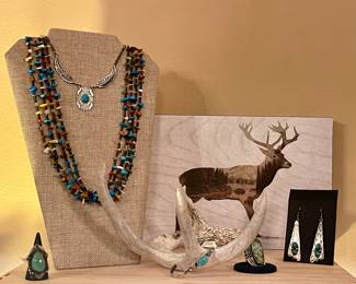 4 STRAND BEADED NECKLACE, STERLING & TURQUOISE SHIELD NECKLACE, TURQUOISE RINGS, TURQUOISE CUFF BRACELET, SIGNED TURQUOISE TRIANGLE EARRINGS