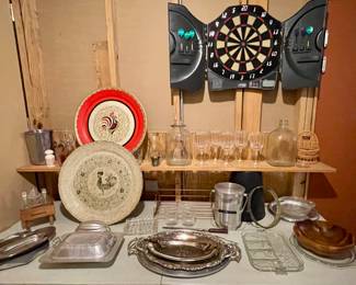 DART BOARD, SILVERPLATE, VINTAGE ROOSTER TRAYS