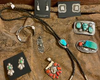 NATIVE AMERICAN SIGNED HALLMARKED STERLING & TURQUOISE JEWELRY-BOLO TIE, BELT BUCKLES, BRACELETS, PENDANTS, EARRINGS BY ARTISTS MARY ANN SPENCER, S YELLOWHORSE, IULE, JOAN SLIFKA, ROY VANDEVER, LEANDER TAHE AND PIECES SIGNED RJ, ET, NJ, CJ AND SIGNED ZUNI