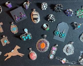 STERLING SILVER AND TURQUOISE JEWELRY-STERLING HORSE PIN, PURPLE AND ORANGE SPINY OYSTER PENDANT, PINK DAHLIA, MALACHITE CLUSTER PENDANT, PURPLE MOHAVE CLUSTER RING, BLACK ONYX, WILD HORSE, SPINY OYSTER PENDANT AND MORE