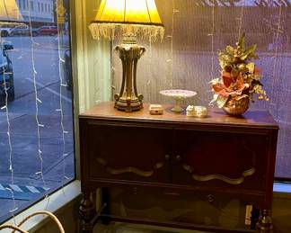 ANTIQUE STORAGE CABINET, LAMPS